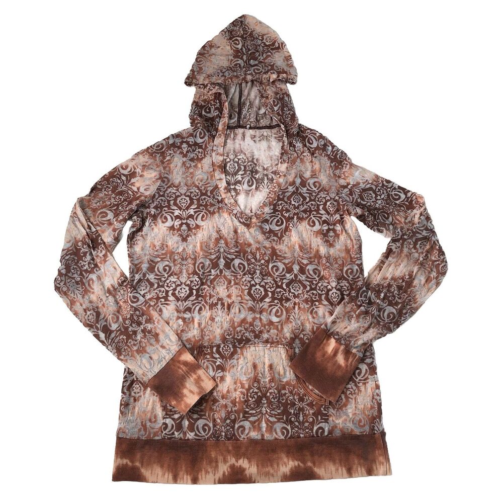 Maurices Y2K Damask Hoodie Top Brown Tie Dye Thumb Holes V-Neck Kangaroo Pocket